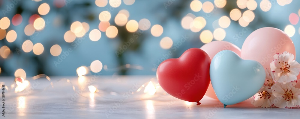 Aufkleber heart shaped balloons and flowers on a table with bokeh lights in a soft romantic setting
