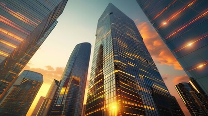 Fototapeta premium A futuristic cityscape with sleek, glowing skyscrapers under a twilight sky. stock photo --ar 16:9 --style raw --v 6 Job ID: 52a0d178-5fd5-4bf3-ab33-2e22f987cf3a
