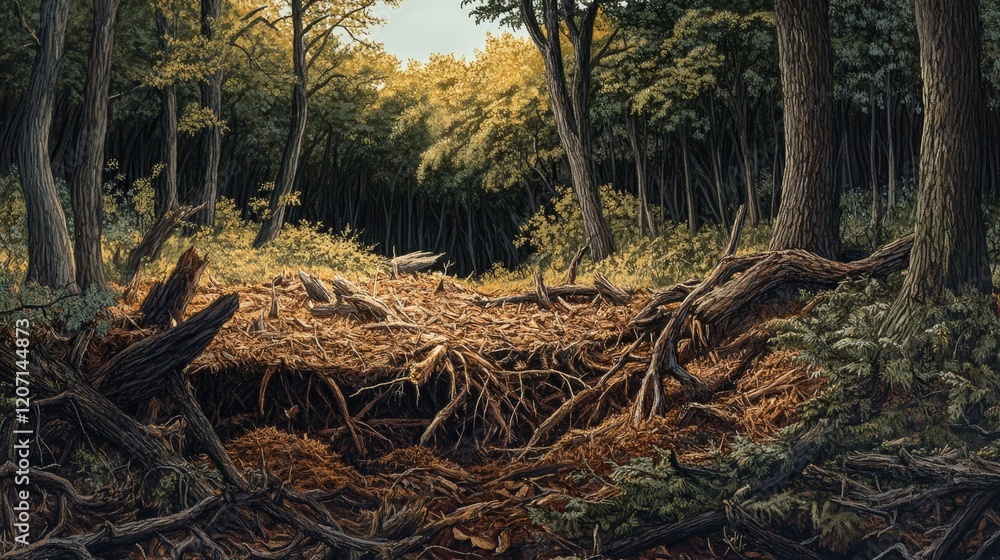 Poster decomposition process in a forest environment where fallen branches and leaves are being broken down