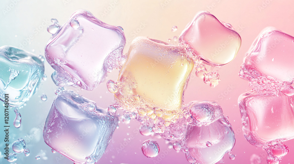 Poster colorful pastel ice cubes with translucent texture floating in water splashes against a softly lit g