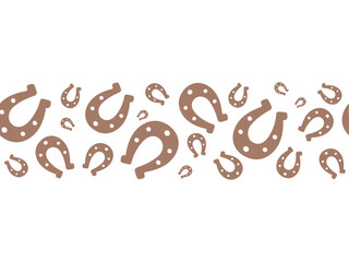 Lucky chocolate horseshoe. Brown silhouette. Seamless single horizontal border. Endless vector pattern. Isolated colorless background. Symbol of luck. Continuous ornament. Flat style. Abstract image. 