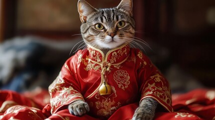 cat in a red Chinese New Year costume, adorned with gold accents and auspicious symbols of wealth and fortune