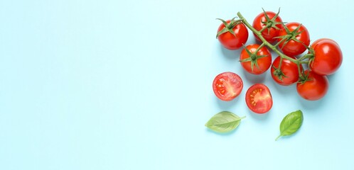 Bunch of fresh red tomatoes on color background, top view