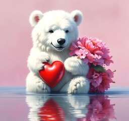 Illustration of fluffy bear with red heart.