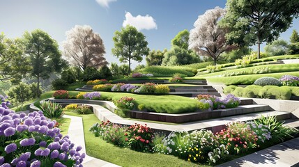 Obraz premium A garden design with layered terraces and blooming flowers. stock photo --ar 16:9 --style raw --v 6 Job ID: 9c0b8bde-b2d0-43a7-9b2e-76ca5e54d33f