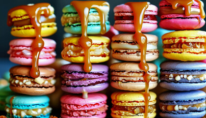 Bright, colorful macarons stacked in an appetizing tower. Thick caramel drips down onto the macarons. Soft pink background.