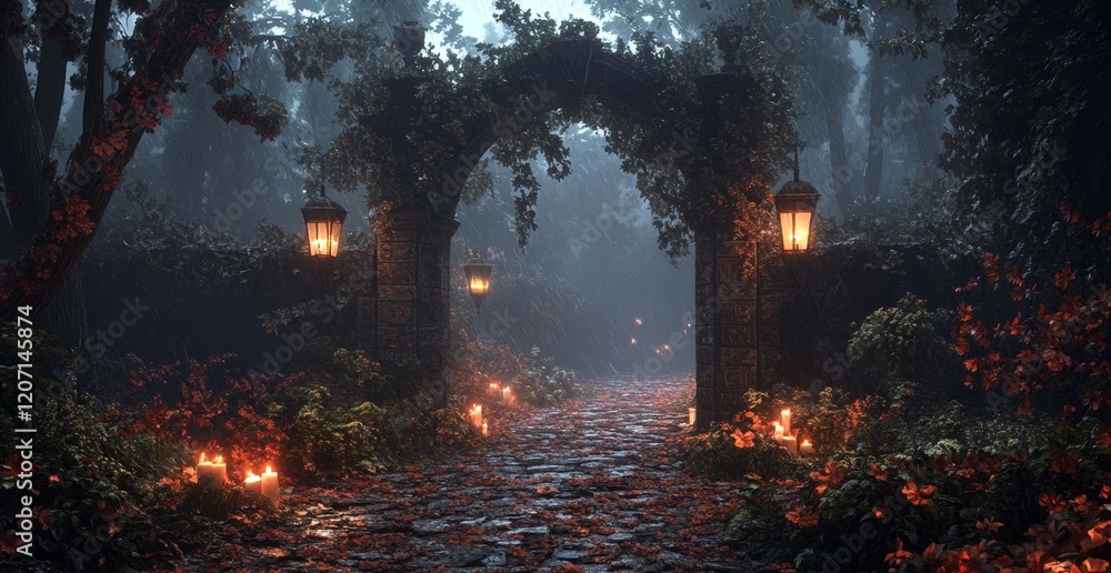 Poster Mysterious stone archway in a misty forest path with lanterns and candles.