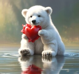 Fototapeta premium Illustration of fluffy bear with red heart.