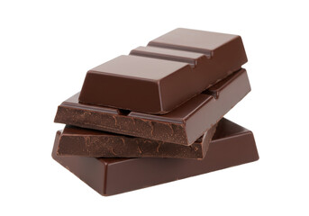 Three stacked dark chocolate bars with clean edges and smooth surfaces, isolated on a white background