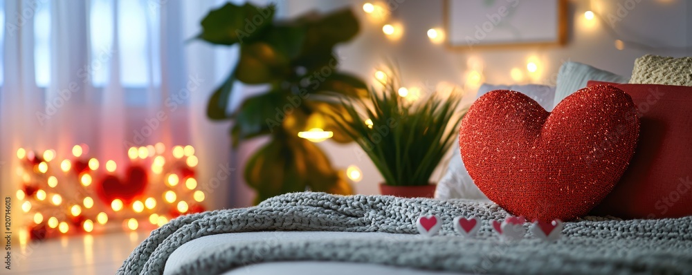 Poster cozy indoor scene with heart shaped pillow and string lights creating warm romantic atmosphere