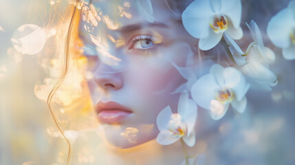 Naklejka premium woman portrait serene flower beauty double exposure light soft face head serenity