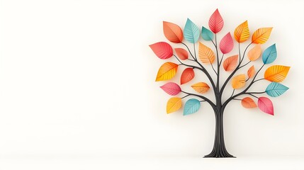 Colorful Paper Tree with Vibrant Leaves on Minimalist Background, Generative AI.
