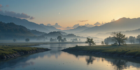 Fototapeta premium beautiful landscape at dawn with the moon