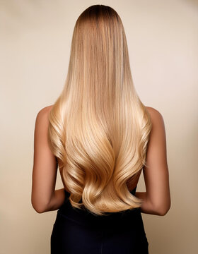 Una mujer de espaldas con pelo rubio suelto bien peinado y cuidado sobre fondo blanco