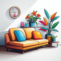 Cozy Room Depicted in a Simple Coloring Book Style Illustration