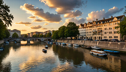 Naklejka premium Coucher de soleil sur la rivière et les bâtiments historiques