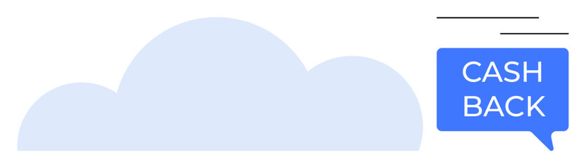 Light blue cloud shape with blue speech bubble containing white CASHBACK text. Ideal for finance, rewards, savings, discounts, promotions, cashback programs, and e-commerce benefits. Abstract line