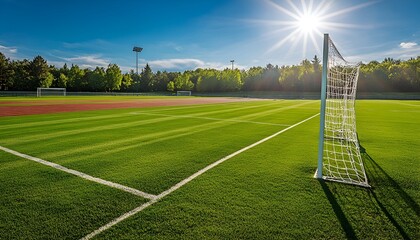 Fototapeta premium A school sports field with a soccer goalpost, running track, and bright sunlight