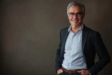 Fototapeta premium Hyperrealistic photo of a business man in a suit smiling into the camera. Manager working in a finance company as an executive professional. 