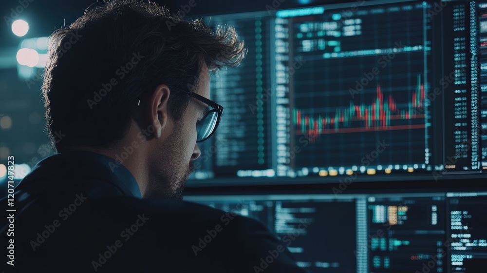 Poster financial analyst working on projections for investment returns using complex formulas and software.
