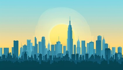 A silhouette of a modern city skyline with skyscrapers and a large, golden sun rising over it.