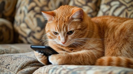 A curious orange cat lounging on a patterned couch, intently focused on a smartphone in its paws.