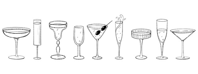 Alcoholic Cocktails. Drinks glasses for Martini and olives, margarita, daiquiri, old fashioned, manhattan, mimosa, cosmopolitan, Champagne, wine. hand drawn doodle, vintage style.