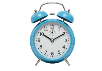 A retro-style blue alarm clock with two bells on top, showing 10:10 on the face, isolated on a white background