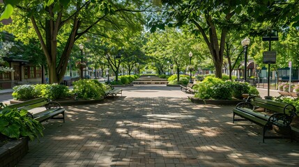 Fototapeta premium An urban landscape with trees, seating areas, and carefully planned landscaping. stock photo --ar 16:9 --style raw --v 6 Job ID: 4c1ec40c-ed05-4648-8504-086cbc727296