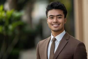 Hyperrealistic photo of a business man in a suit smiling into the camera. Manager working in a finance company as an executive professional. 