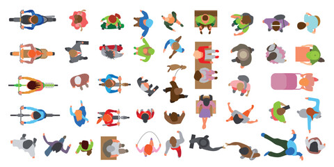 Top view of people of different genders and ages walking, standing, sitting on a couch, armchair, riding a scooter, bicycle, skateboard, motorcycle. View from above. Aerial. Colourful set of vector