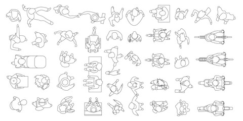 Top view of a set of linear vector illustrations, people of different genders and ages walking, standing, sitting on sofa, armchair, riding scooter, bicycle, board, motorcycle. Aerial. View from above