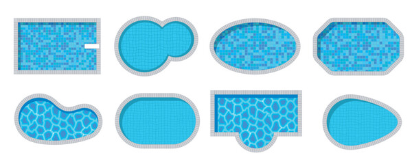 Top view of a vector set icons of swimming pool illustrations with diverse shapes. Summer, hotel, yard, leisure. Aerial. View from above.