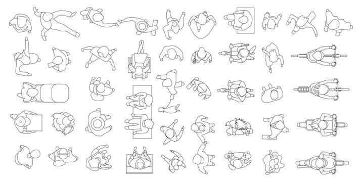 Top view of a set of linear vector illustrations, people of different genders and ages walking, standing, sitting on sofa, armchair, riding scooter, bicycle, board, motorcycle. Aerial. View from above
