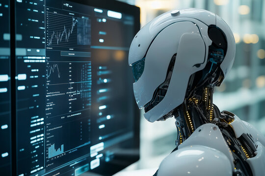 Close up of an business AI using a computer to view stock market data on a digital screen