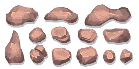 Top view of a set of isolated vector images of brown stones of various shapes. View from above