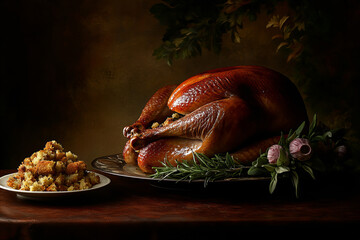 Perfectly roasted turkey with golden skin served on a rustic platter, garnished with rosemary and paired with stuffing and roasted potatoes, capturing the essence of a festive holiday meal in a cozy d