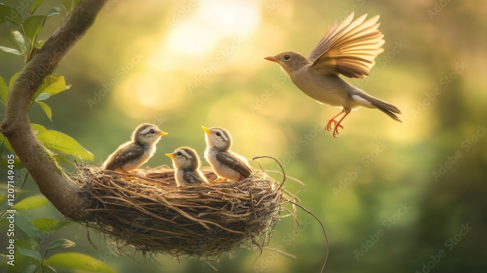 Poster a beautiful image of a nest with baby birds looking up, with a blurred background of their parent bi