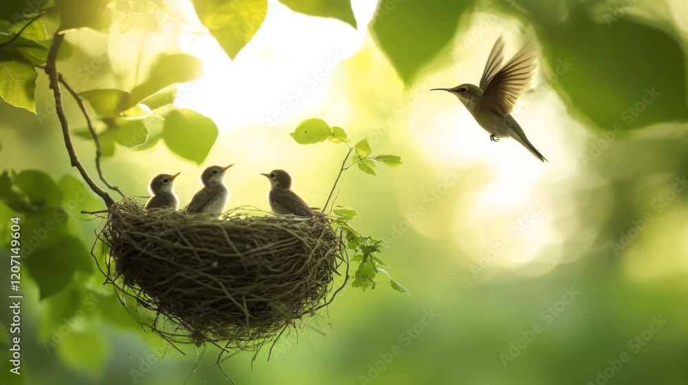 Poster a beautiful image of a nest with baby birds looking up, with a blurred background of their parent bi