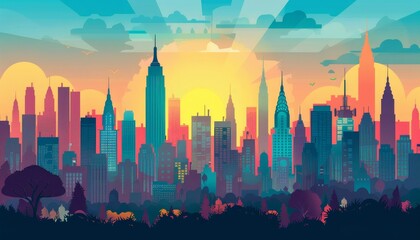 Fototapeta premium A vibrant illustration of a modern city skyline with a sunrise in the background. The city is depicted in a simplified style with colorful buildings and a park in the foreground.