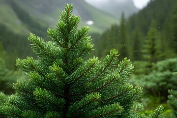 Obraz premium Lush Evergreen Pine in Misty Mountain Landscape for Nature and Holiday Designs