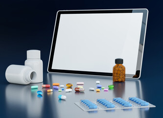 Blank digital tablet and assorted medications on dark blue desk. Drugs shopping online concept.