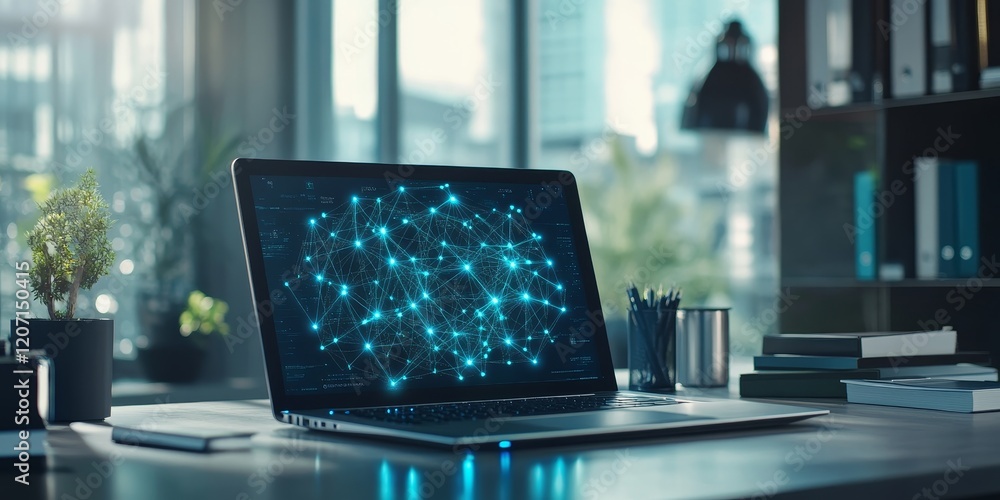 Poster Laptop displaying network connection on screen in modern office.