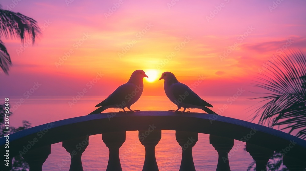Poster a beautiful image of a pair of doves perched on a railing at sunset, their silhouettes framed by the