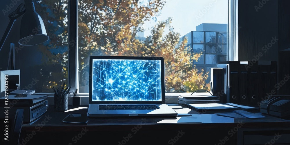 Fototapete Laptop screen displaying network connection on desk near window.