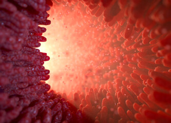 Gut microbiota. 3D rendering of red microvilli on small intestine.