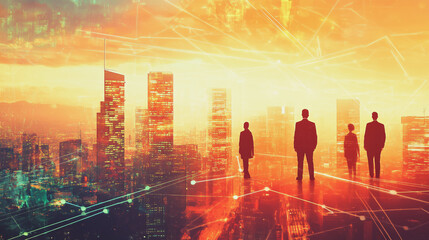 abstract professional business team people connection of line from nail node to node on Smart digital cityscap and skyline background , Innovation networking concept