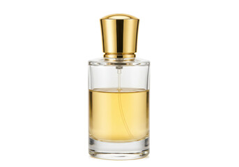 A transparent glass perfume bottle with golden liquid and a metallic gold cap, isolated on a white background