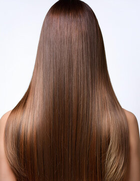 Melena de pelo de mujer casta&ntilde;o suelto, liso y bien peinado sobre fondo blanco