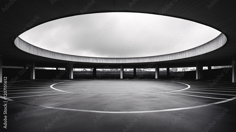 Poster a symmetrical black-and-white photo of a circular parking lot with a wide open skylight creating a d